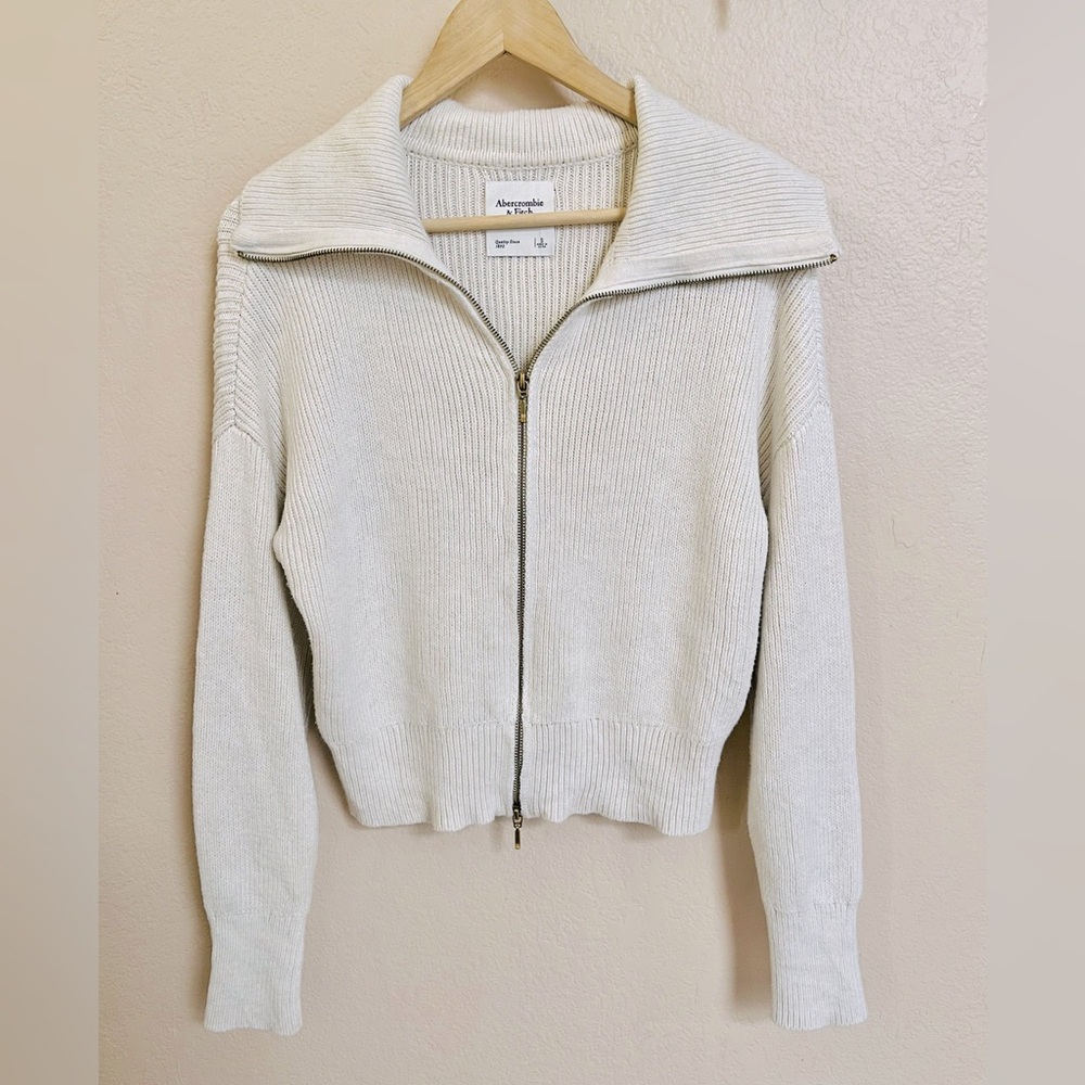 Abercrombie Double Zip Collared Cardigan Ribbed Cream